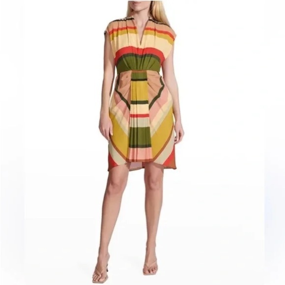 Toccin NYC Sarong Dress Multicolor Striped Pleated Front Sheath Dress Size 4 - Picture 5 of 11